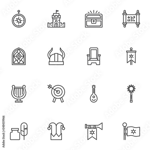 Medieval line icons set, outline vector symbol collection, linear style pictogram pack. Signs, logo illustration. Set includes icons as Castle Tower, Knight armour, archery aim, throne, treasure chest