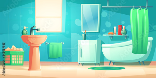 Bathroom interior with bath, shower curtain, sink, mirror and window. Vector cartoon washroom with tile wall, towel, closet, soap and cosmetic bottles on shelf