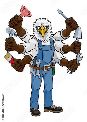 An eagle animal construction cartoon mascot multitasking handyman or builder maintenance contractor holding lots of tools