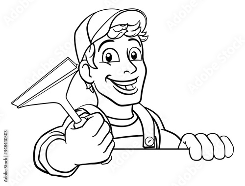 Window cleaning cartoon cleaner mascot man holding a carwash squeegee tool. Peeking over a sign