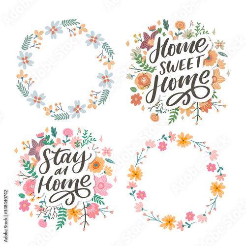 Slogan stay at home safe quarantine pandemic letter text words calligraphy vector illustration