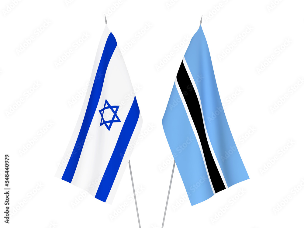 National fabric flags of Botswana and Israel isolated on white background. 3d rendering illustration. National fabric flags of Botswana and Israel isolated on white background. 3d rendering illustration.