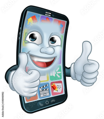 A mobile phone cartoon character mascot giving a double thumbs up.