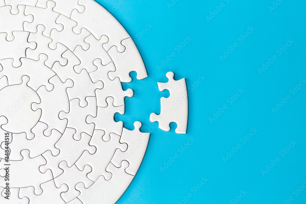 Jigsaw puzzle with missing piece. Completing final task, missing jigsaw puzzle pieces and business concept with a puzzle piece missing. - obrazy, fototapety, plakaty 