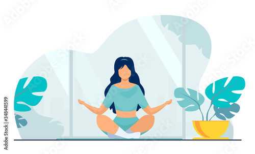 Woman in comfortable posture for meditation flat vector illustration. Female character doing morning yoga at home. Girl sitting in calm lotus pose. Wellness, healthcare and lifestyle concept