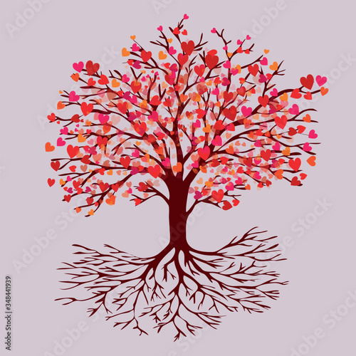 A tree of life with heart shaped red leafs of blossom. Al tints are red, pink and orange