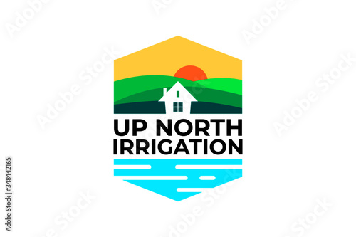 house and creek with simple mountain logo design vector