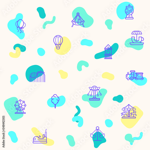 Seamless pattern on the theme of amusement park, playground, rides, roller coaster, merry go round, Bumper cars, ferris wheel more. simple color icons on beige background.