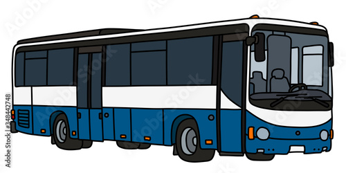 The vectorized hand drawing of a blue and white bus