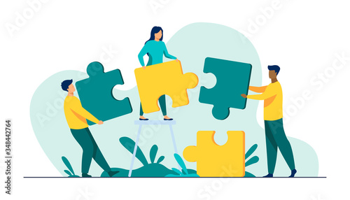 Partners holding big jigsaw puzzle pieces flat vector illustration. Successful partnership, communication and collaboration metaphor. Teamwork and business cooperation concept.