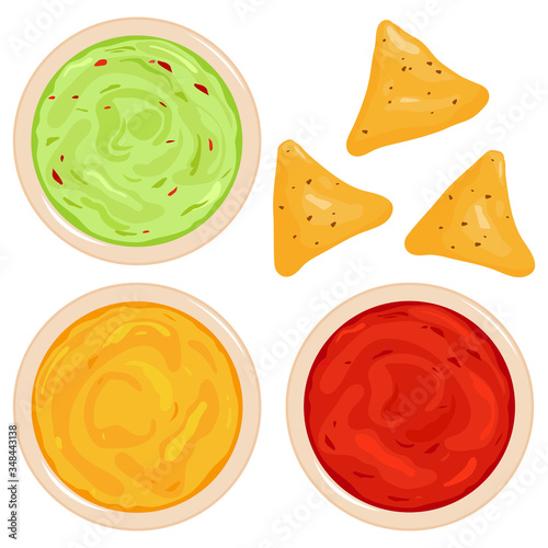 Bowls of avocado guacamole dip, tomato salsa, cheese sauce and nachos chips. Vector illustration