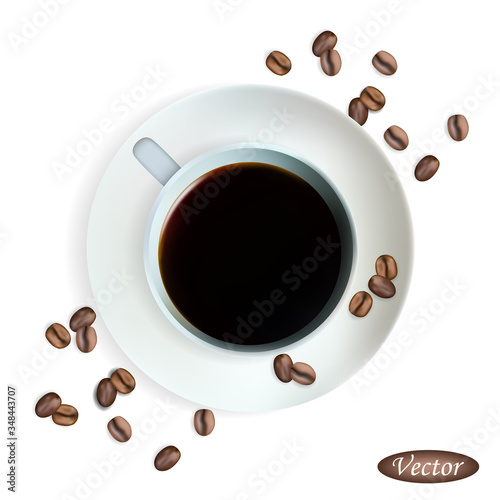 Cup of coffee on a white background. Realistic hot beverage. Macro icon espresso. Strong cooffee and beans. Vector illustration beverage 3D. Design element. Stock.