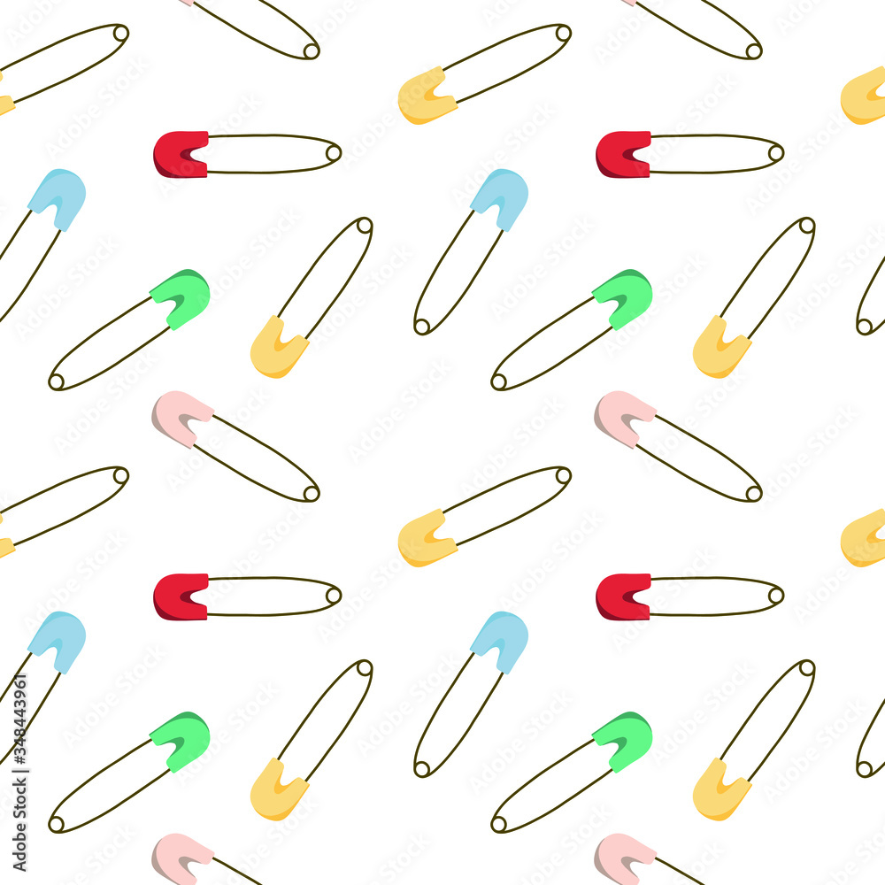 Safety pins seamless pattern. Pins with colored heads: blue, red, green, pink and yellow on white. Safety pins seamless pattern. Pins with colored heads: blue, red, green, pink and yellow on white.