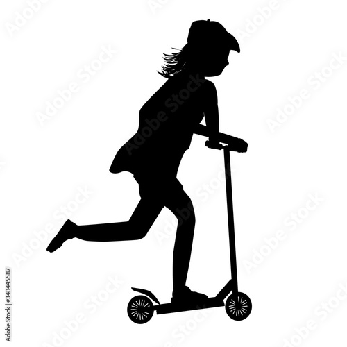 Child riding scooter silhouette isolated on white background. Active outdoor fun and entertainment for boys and girls. Roller sport. City transport rent or bike sharing for riding and fun. Vector