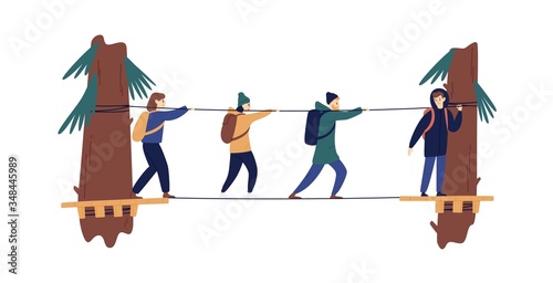Group of active tourist with backpack walking along rope bridge vector flat illustration. Man and woman enjoying outdoor activities isolated on white. Suspension bridgework between trees at camp town