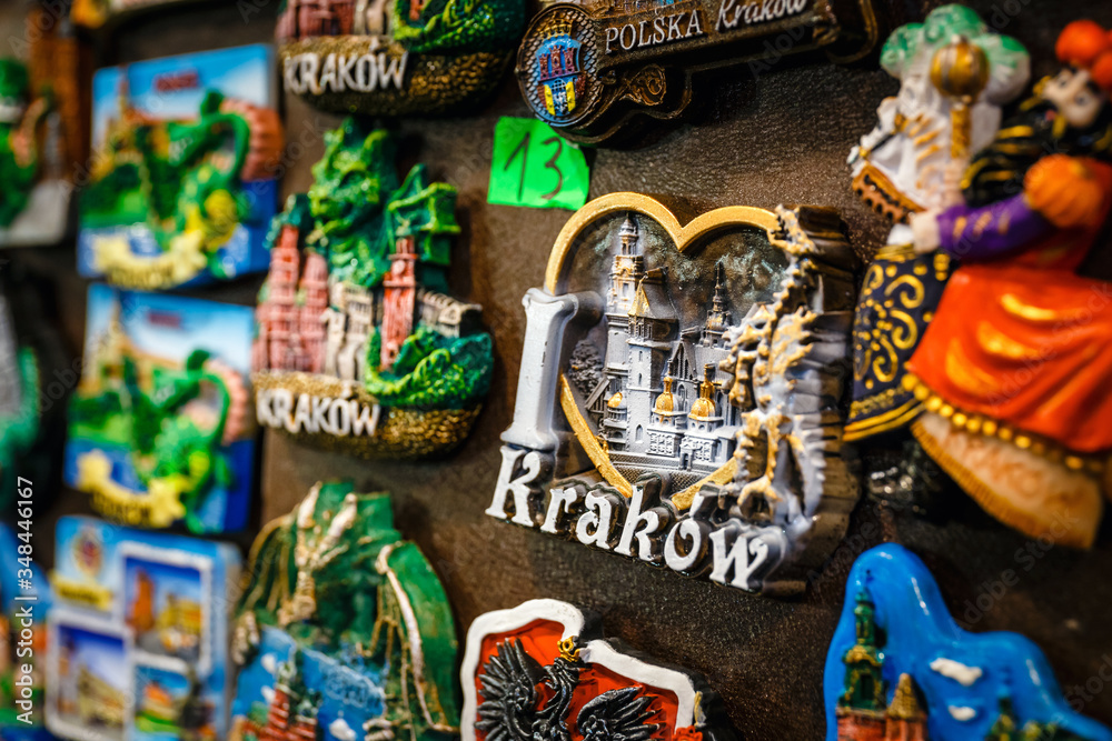 Colorful tourist souvenirs on a market in Krakow
