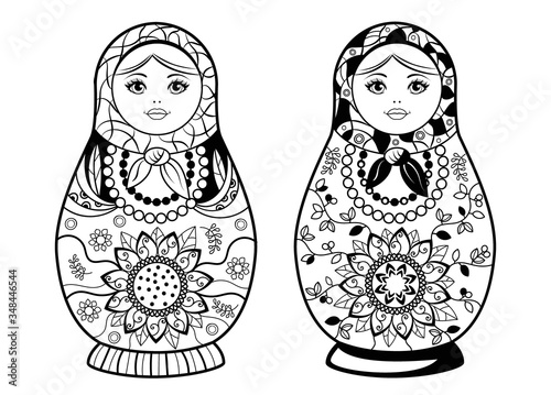 Nesting doll for Coloring Book. Black drawing on white background