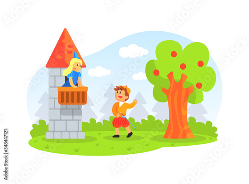 Children Actors Performing Fairy Tale Show with Castle Scenery, Prince and Princess Vector Illustration