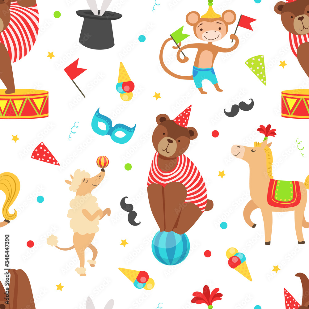 Naklejka premium Circus Seamless Pattern with Vintage Carnival Elements and Cute Animals, Amusement Park Vector Illustration