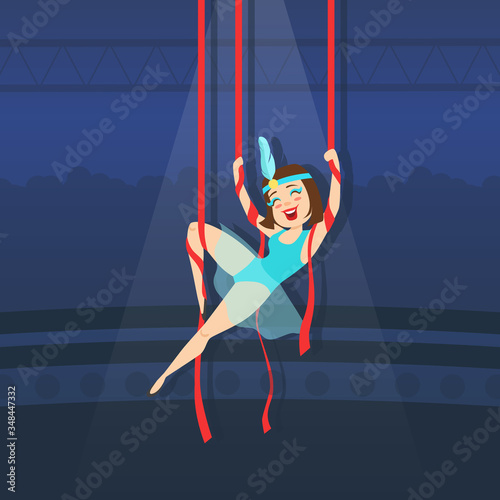 Circus Air Gymnast Performing with Ribbons, Beautiful Girl Aerialist in Vintage Costume Vector Illustration