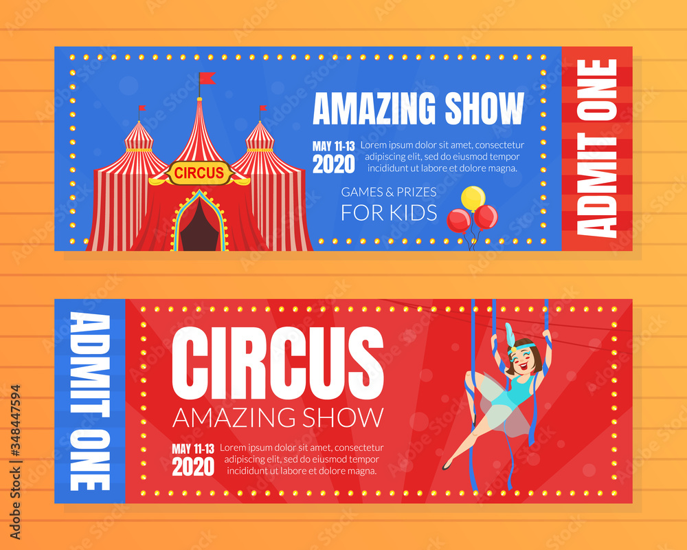 Circus Show Horizontal Tickets Set, Amazing Show for Kids Template Vector Illustration