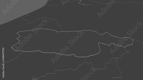 Diourbel, region with its capital, zoomed and extruded on the bilevel map of Senegal in the conformal Stereographic projection. Animation 3D photo