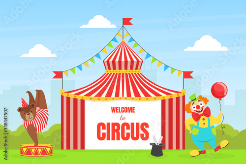Welcome to Circus Banner Template with Cute Funny Clown and Bear Performing at Entertainment, Poster, Invitation Card, Flyer Design Vector Illustration