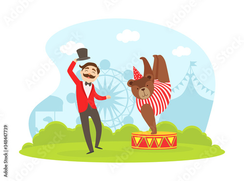Magician and Cute Bear Performing in Amusement Park, Circus Carnival Show Vector Illustration