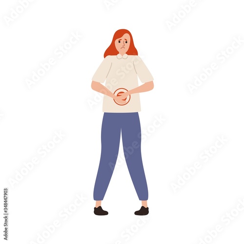Suffer woman with painful expression having abdominal ache vector flat illustration. Unhappy female feeling stomach pain isolated on white. Sad girl with belly disorder and sickness problem