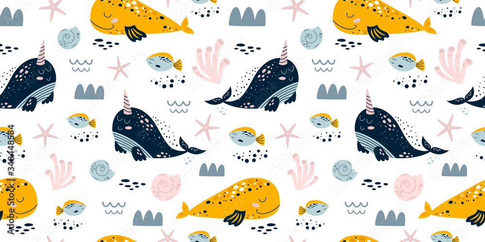 Sweet whales. Baby sea pattern seamless. Whale illustration kids. Boys, girls nautical pattern Cute sea animals print