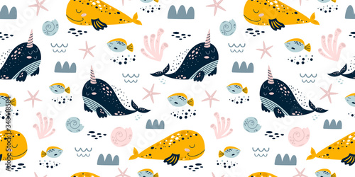 Sweet whales. Baby sea pattern seamless. Whale illustration kids. Boys, girls nautical pattern Cute sea animals print