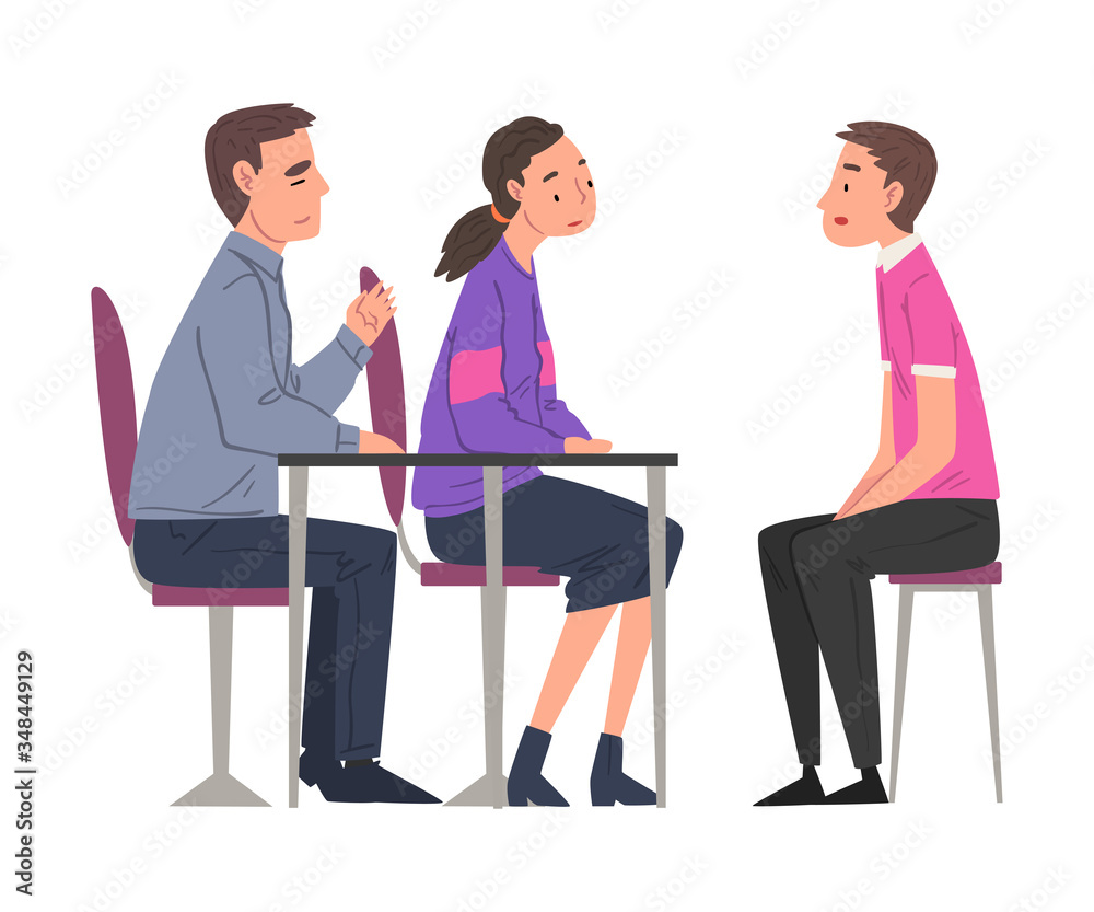 HR Managers Talking with Candidates, Young Man and Woman Having Job Interview, Business Meeting, Recruitment and Employment Process Vector Illustration HR Managers Talking with Candidates, Young Man and Woman Having Job Interview, Business Meeting, Recruitment and Employment Process Vector Illustration