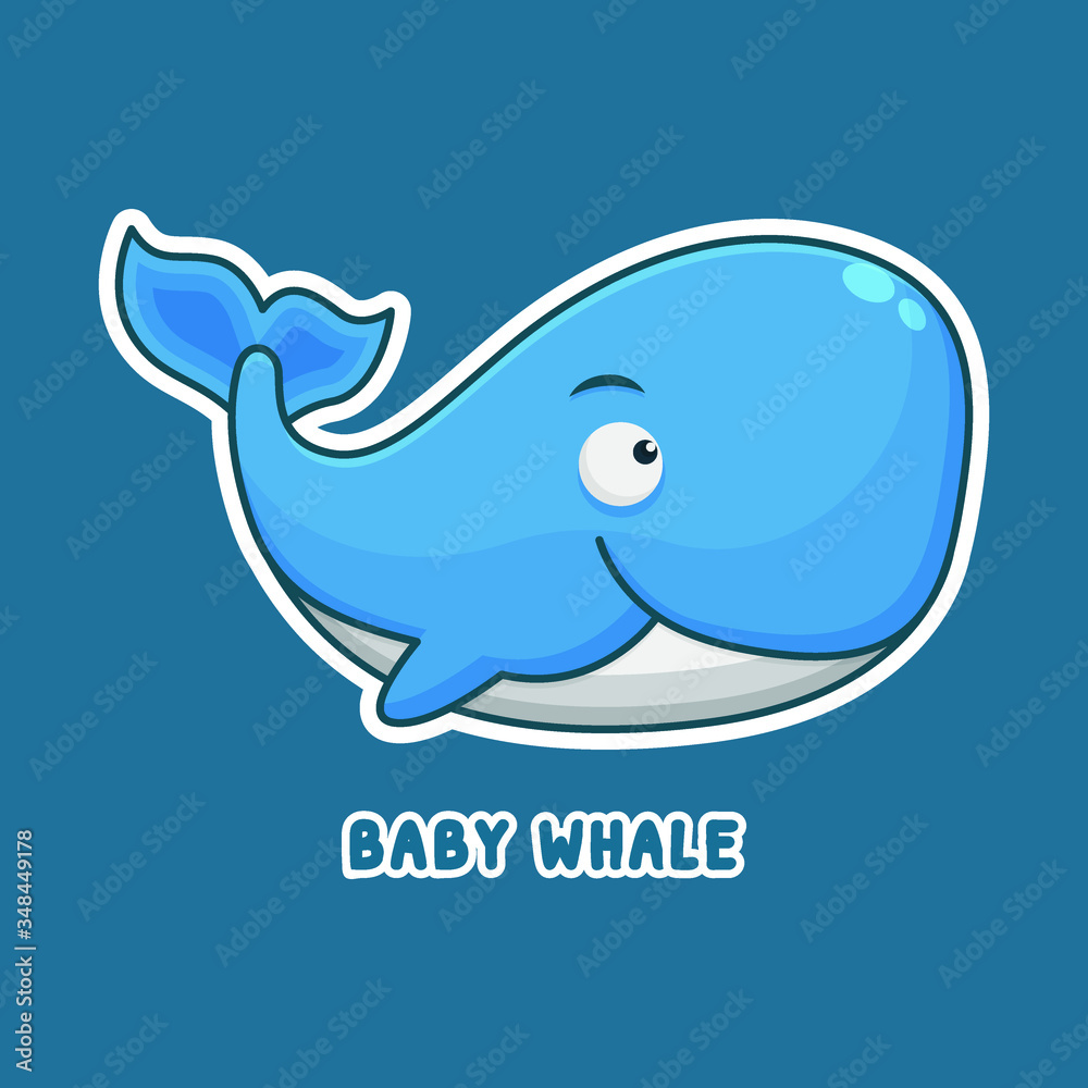 Naklejka premium Baby Whale Cartoon Character. Cute Animal Mascot Icon Filed Style. Kids Book Collection 