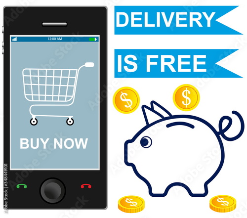 E-commerce, electronic business, online shopping, payment, delivery, shipping process, sales in  store.