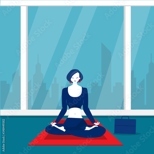 lady office  happy meditation and yoga with stress and anxiety illustrator.