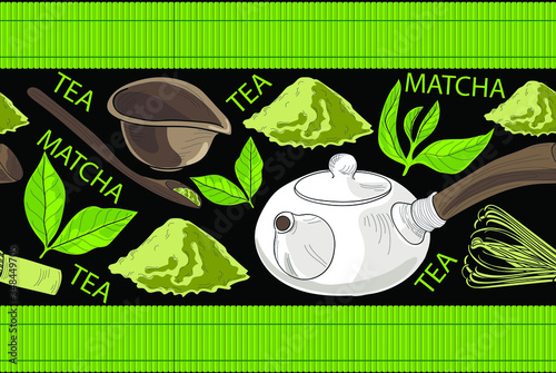 Seamless Border of Japanese matcha powder, wooden spoon and whisk, green tea and latter cup, sketch vector illustration on black background. Realistic hand drawing of matcha green tea 