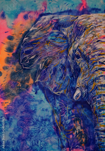 An amazing painted animal. Elephant  Painting. Pattern  a huge tusk. Unusual art.