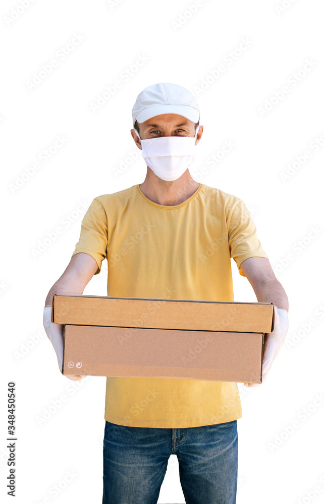 Man from delivery service in protective gloves holding box.