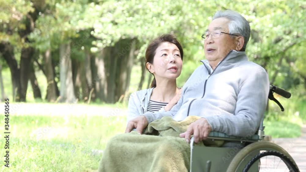 介護のイメージ、車椅子のシニアとヘルパー
