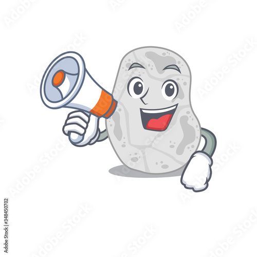 Mascot design of white planctomycetes announcing new products on a megaphone
