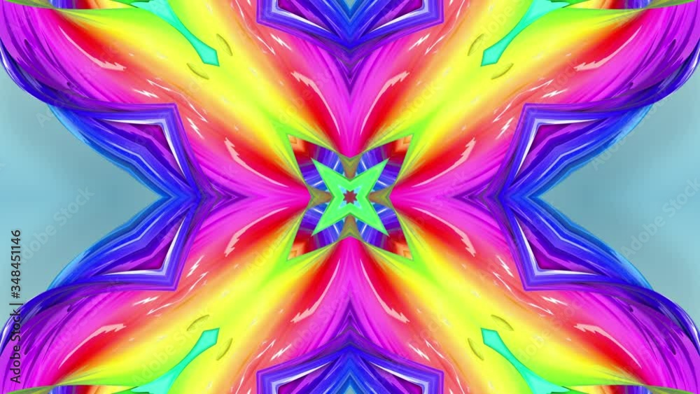 Bright abstraction in rainbow color like complex kaleidoscope effect. 4k seamless looped abstract background with multi-colored stripes are twisted between themselves and rotate forming structures.