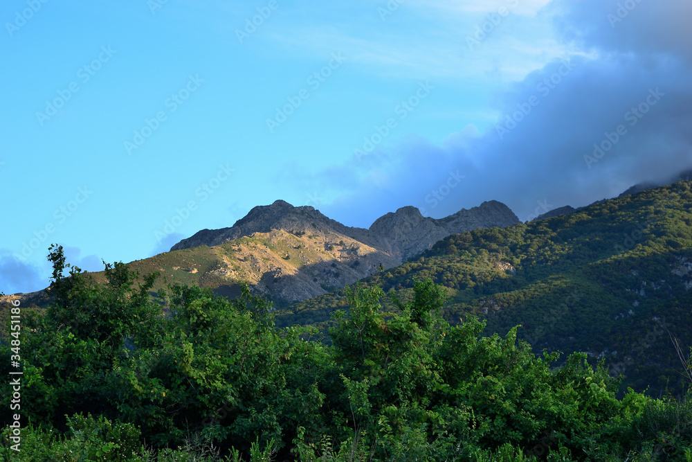 Clouds over Saos mountain - view from Therma beach, Samothraki island, Greece, Aegean sea