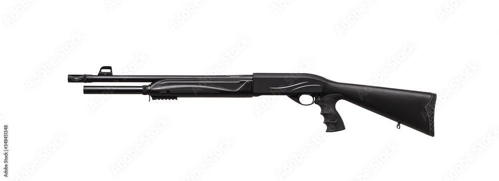 Modern semi-automatic tactical shotgun isolate on white back. Smoothbore weapons for sports, hunting and self-defense.