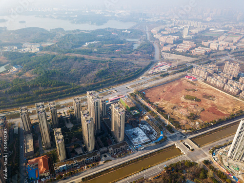 Aerial view drone shot of modern houses village