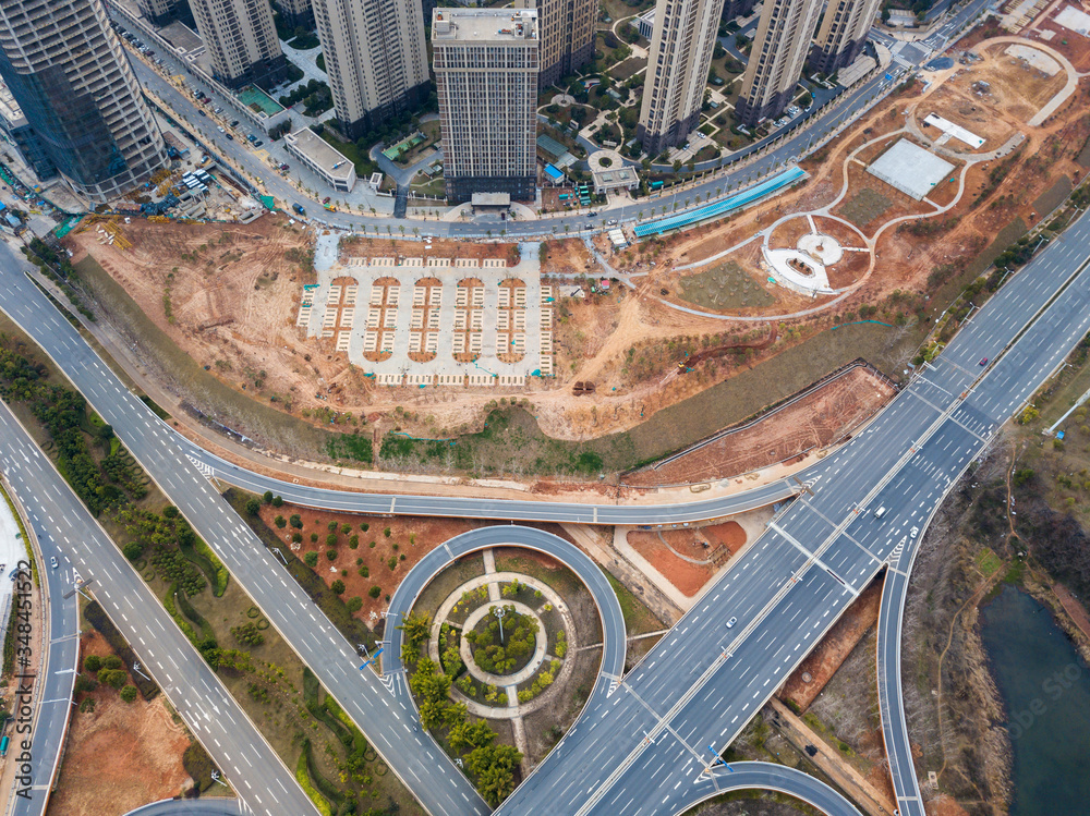 Transport junction traffic road with vehicle movement aerial view by drone