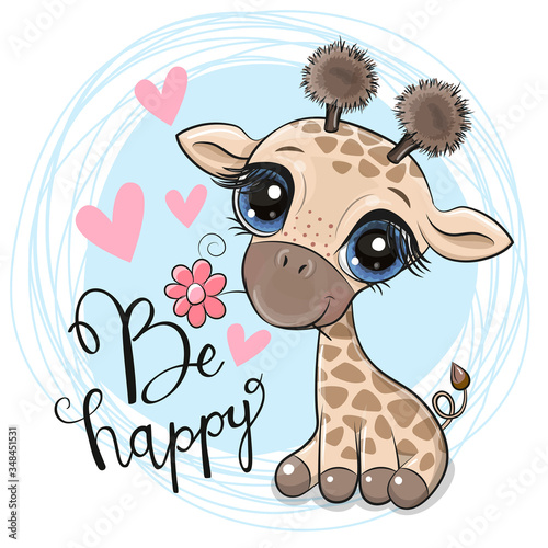 Cute Cartoon Giraffe with flower on a blue background