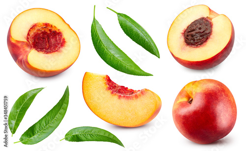 Fototapeta Naklejka Na Ścianę i Meble -  Peach fruits with green leaf