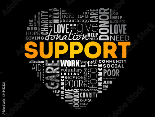 SUPPORT heart word cloud collage, concept background