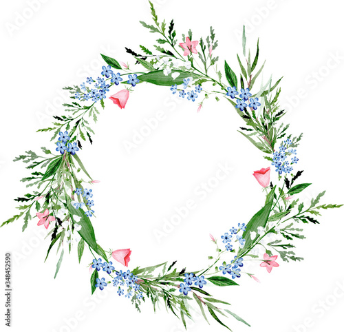 Watercolor lily of the valley, wild flowers and ferns wreath.