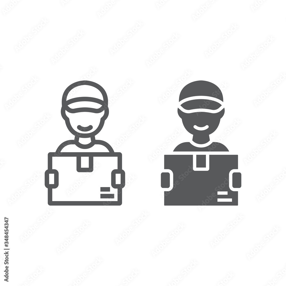 Delivery man line and glyph icon, courier and delivery, man holding box sign vector graphics, a linear icon on a white background, eps 10. Delivery man line and glyph icon, courier and delivery, man holding box sign vector graphics, a linear icon on a white background, eps 10.